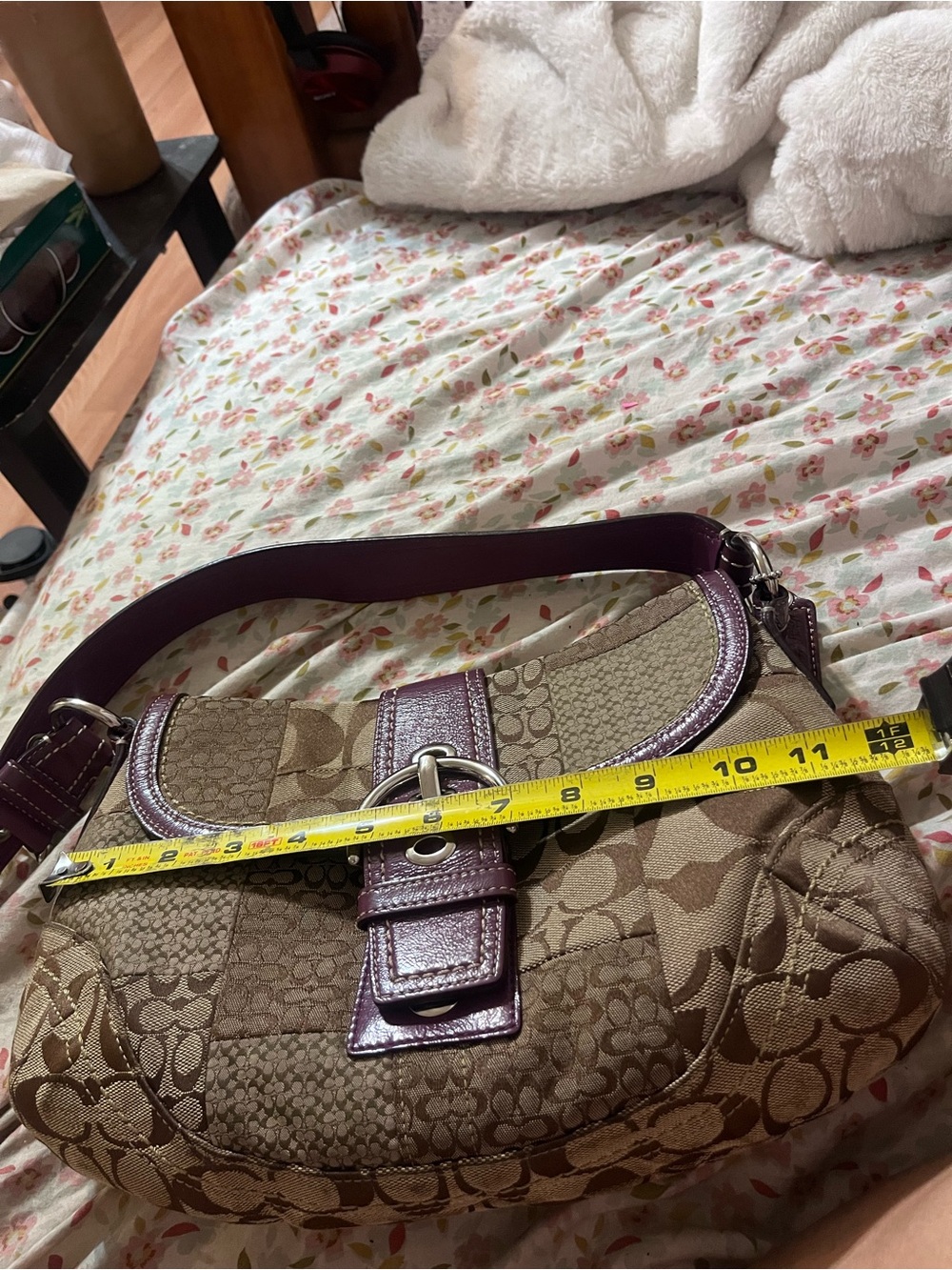 Coach Brown Signature Patchwork Shoulder Bag with Purple Trim - Picture 5 of 12